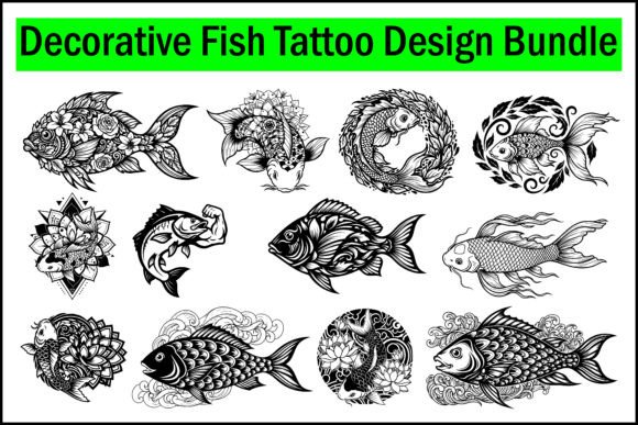 Decorative Fish Tattoo Design Bundle: Koi & Mandala Art Assets