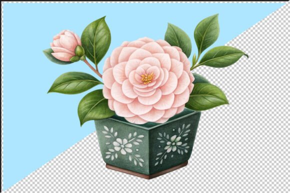 Elevate Your Designs with the Pink Camellia Flower Decorative Pot PNG